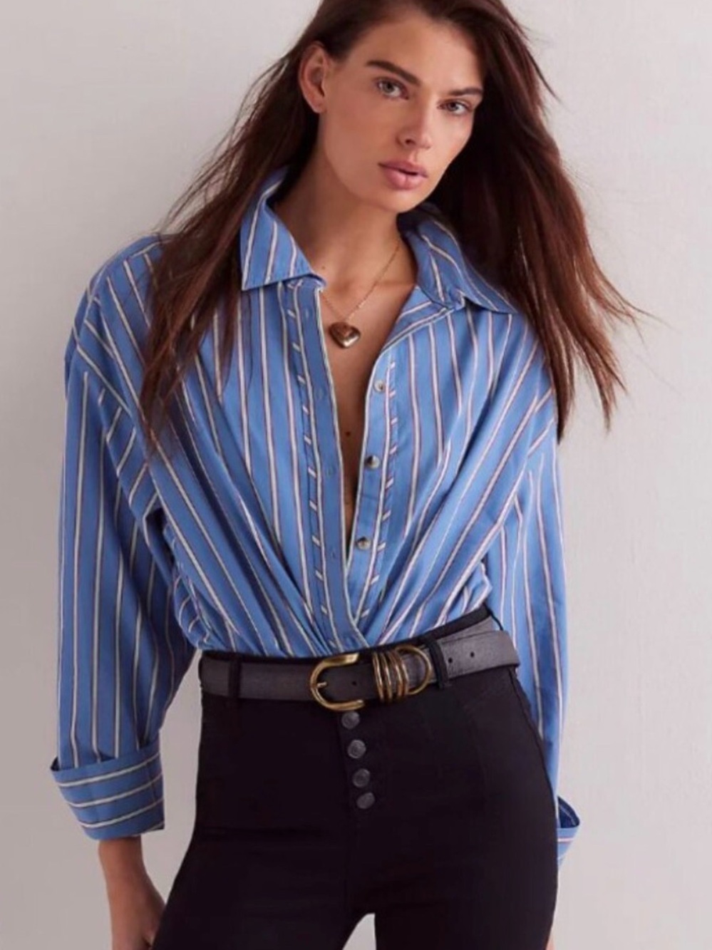 Free People We The Free Varsity Vibes Blue Button-Front Shirt - Picture 1 of 9